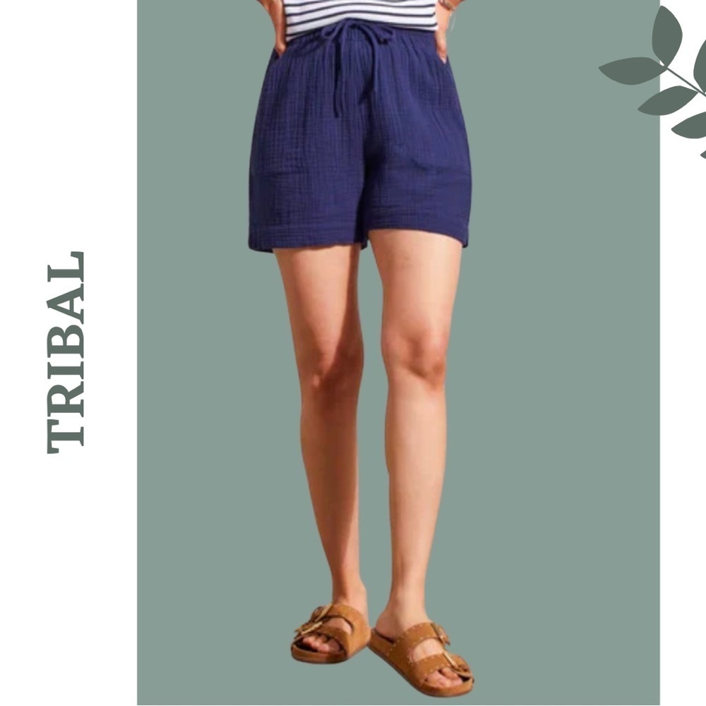 Tribal Women's Nautical Navy Shorts w/ Pockets Tie Waist Cotton Size XXL
